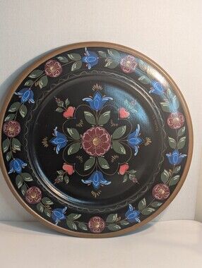 VTG hand painted tole Pennsylvania dutch floral primitive painting wooden plate